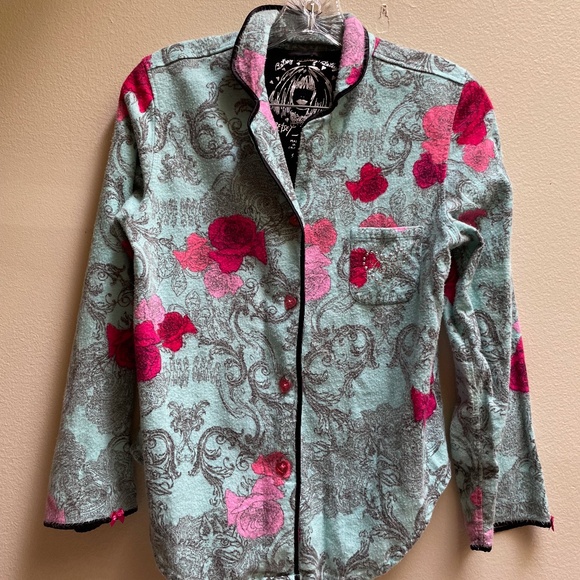 Betsey Johnson Pajama Set Youth S Blue Pink Floral Button Up Drawstring Pants - Picture 2 of 7